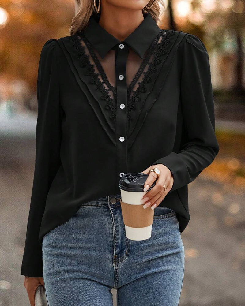 Puff Sleeve Lace Patchwork Blouse