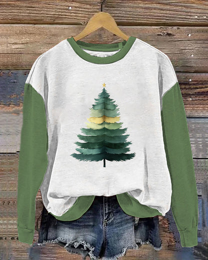 Casual Christmas tree print contrast long sleeve sweatshirt 2024 f/w christmas spring sweatshirts