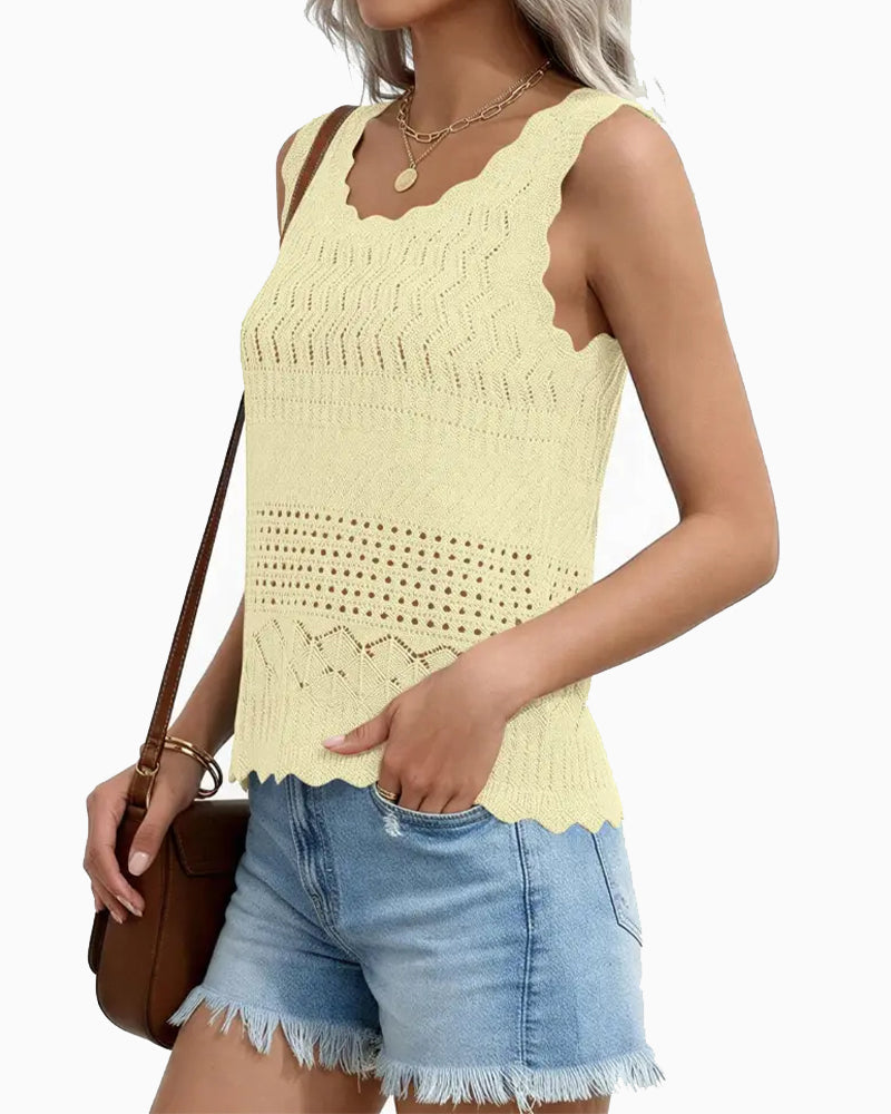 Hollow-Out Wavy Edge Sleeveless Tank Top