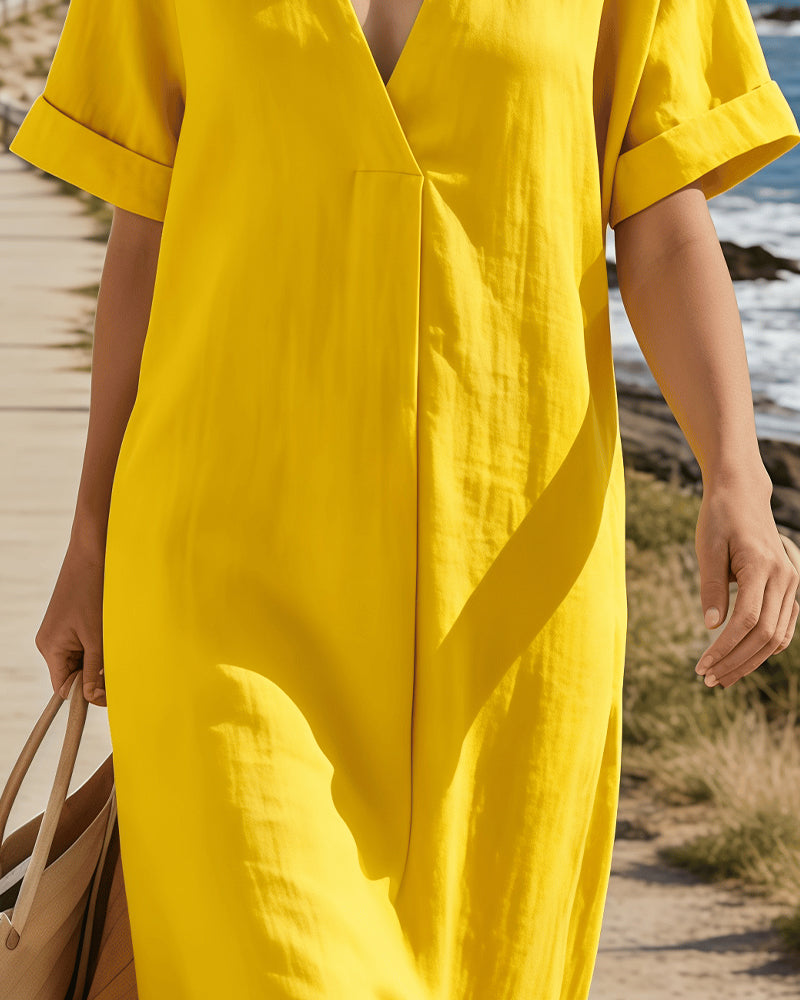Pure Cotton Short-Sleeved V-Neck Straight Dress