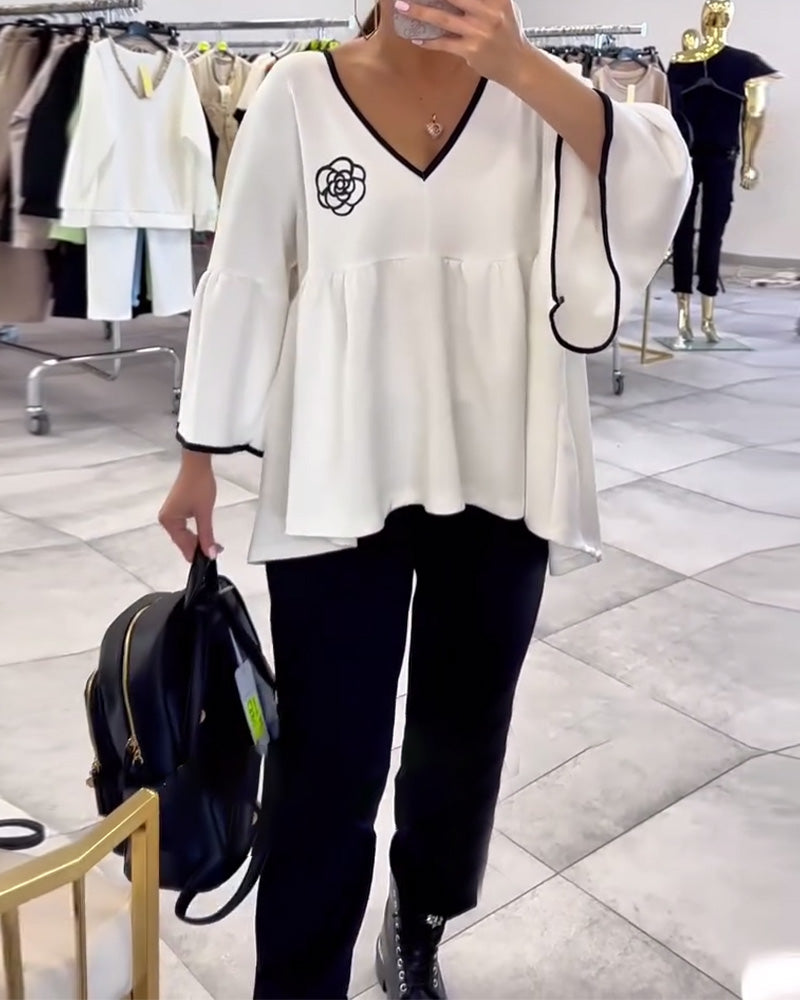 V-Neck Contrast Color Flared Sleeve Blouse