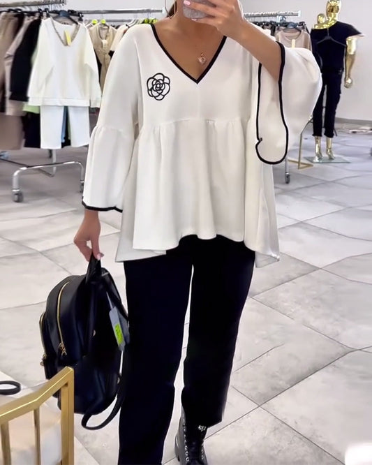 V-Neck Contrast Color Flared Sleeve Blouse
