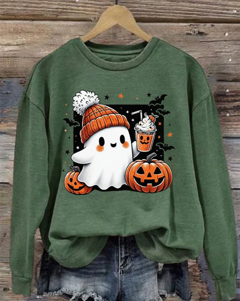 Women's Halloween Cute Ghost Print Crew Neck Sweatshirt 2024 f/w halloween spring summer sweatshirts