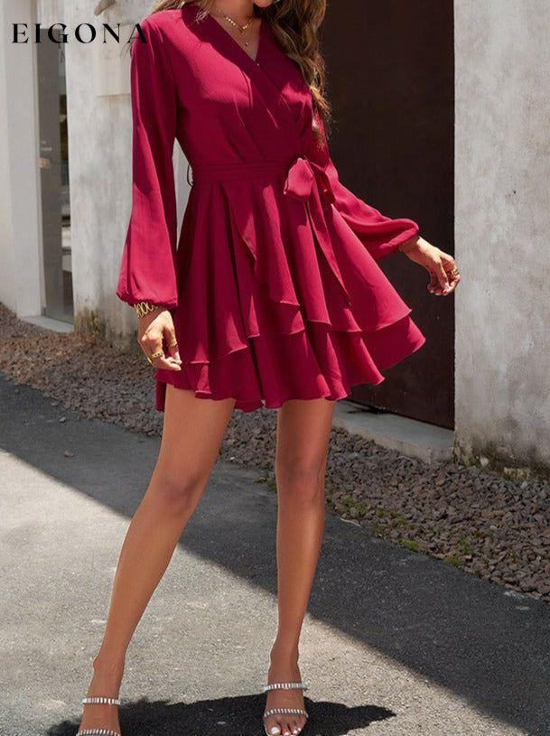 Surplice Neck Tie Waist Long Sleeve Dress Red clothes DY Ship From Overseas trend