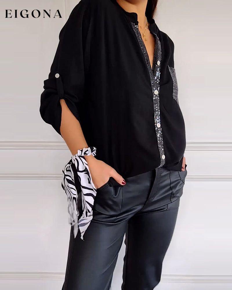 Paneled sequin button casual top blouses & shirts spring summer