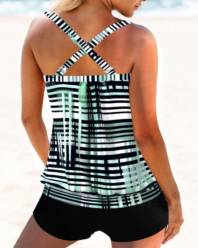 Conservative striped tankini swimsuit summer tankini