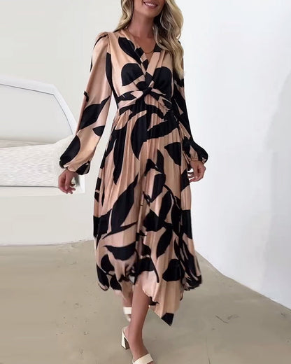 Elegant leaf print pleated long sleeve dress casual dresses spring summer