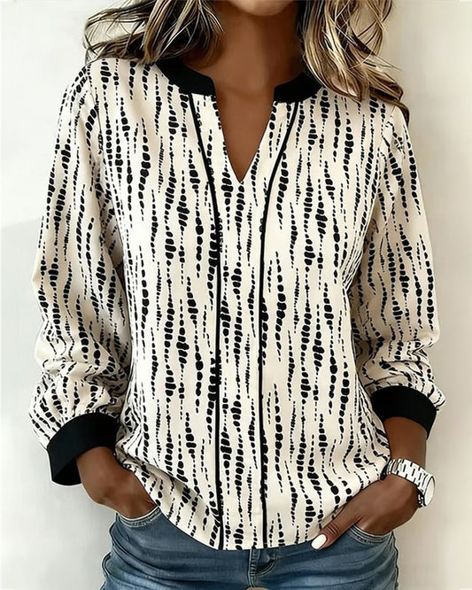 Color-Blocked V-Neck Long-Sleeved Printed Top