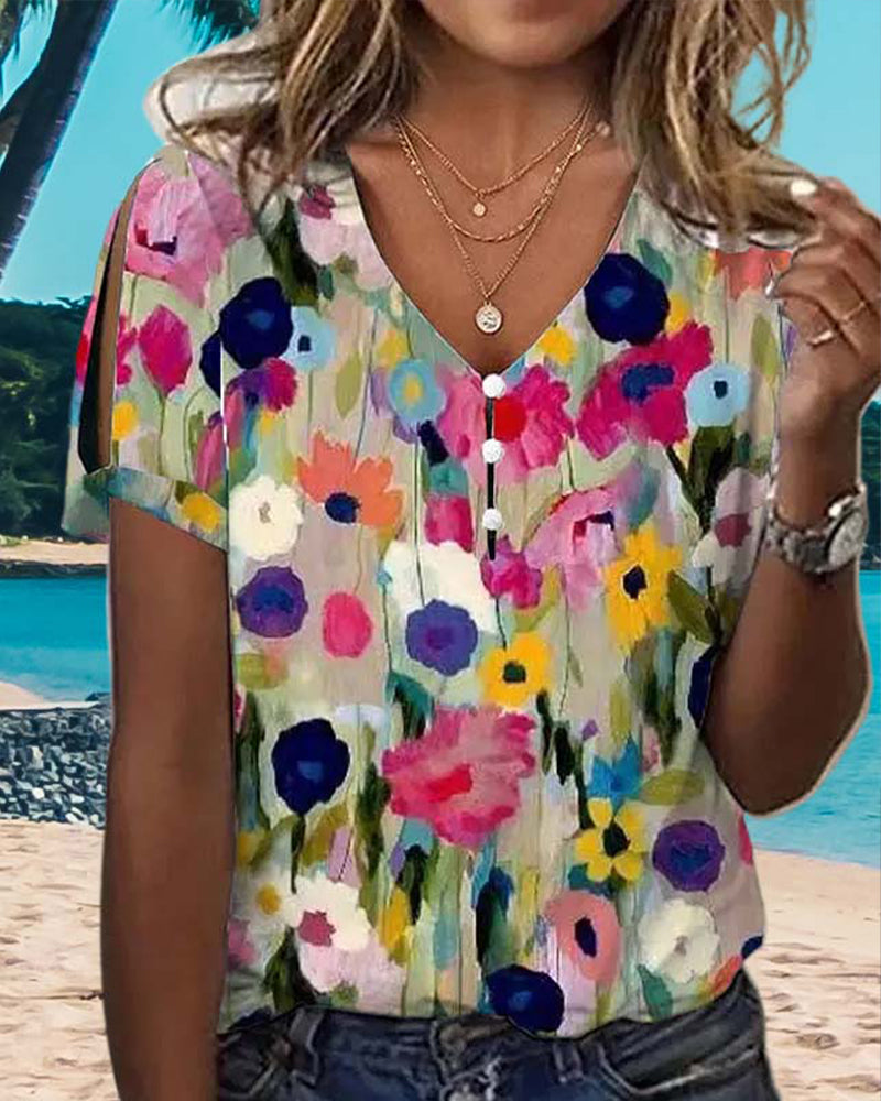 Colorful flower short-sleeved casual blouse 202466 blouses & shirts summer