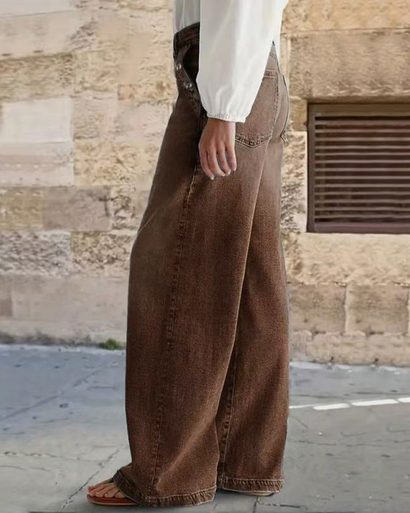 Multi-Button Washed Loose Jeans
