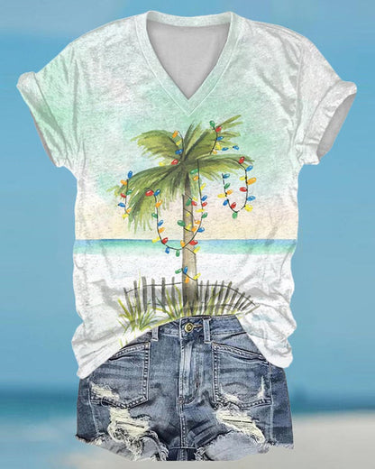 Women's V-Neck Retro Florida Christmas Watercolor Palm Tree Print T-Shirt 2024 f/w christmas summer t-shirts