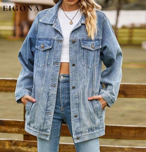 Collared Neck Denim Jacket With Pockets clothes Jackets & Coats M.F Ship From Overseas