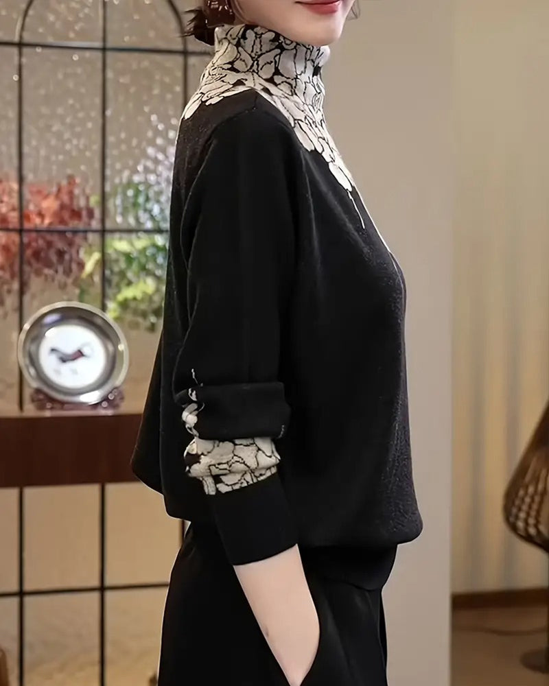 Fashion Turtleneck Floral Jacquard Pullover