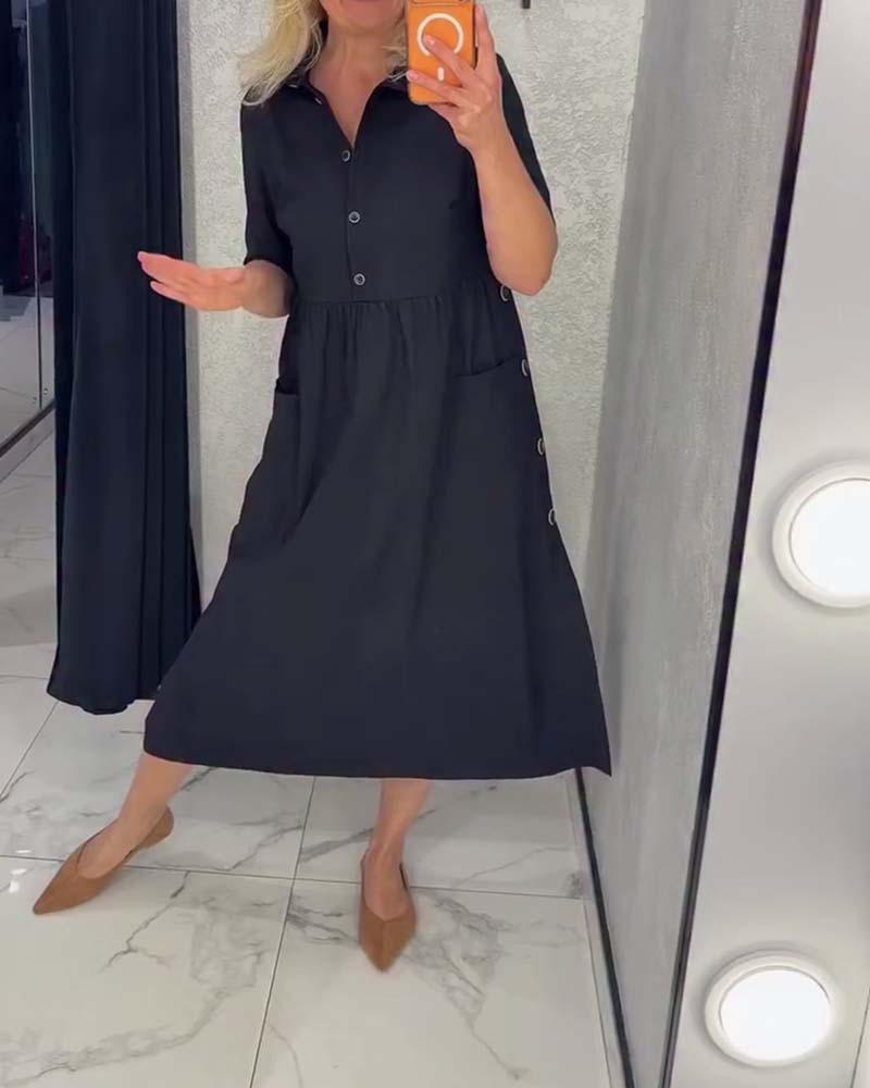 Black Collared Buttoned Waist-Cinching Dress