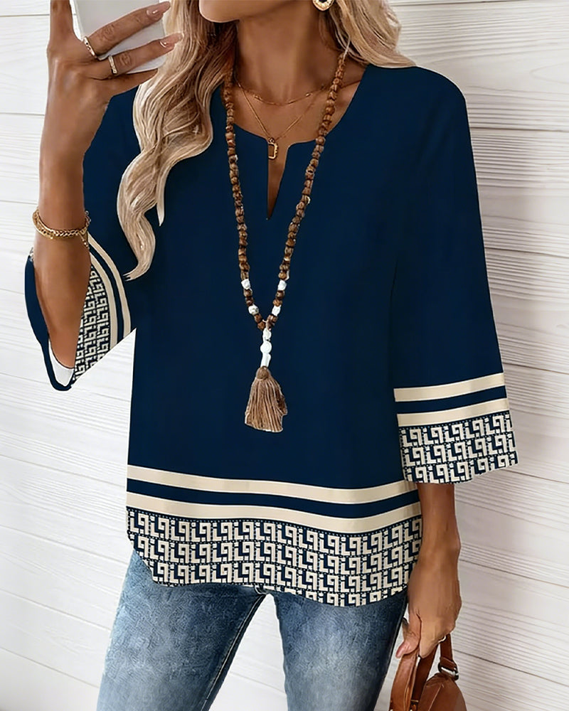 Geometric Print V-Neck Three-Quarter Sleeve Top