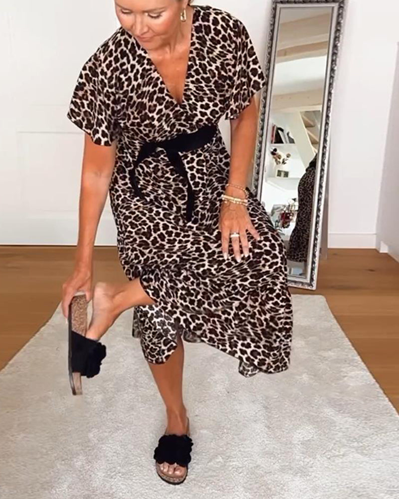 V-neck leopard print short-sleeved dress 202466 casual dresses summer