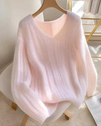 Solid Color V-Neck Elegant Jumper