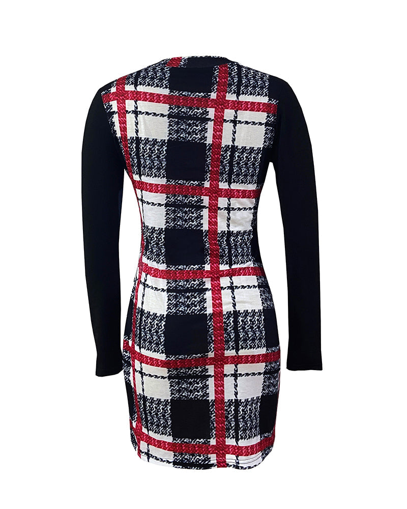 Plaid Round Neck Long Sleeve Bodycon Dress