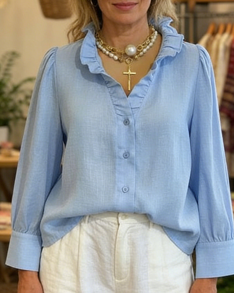 Elegant Lace Ruffle Linen Blouse