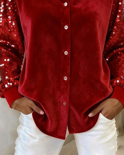 Lapel Sequined Long-Sleeved Shirt