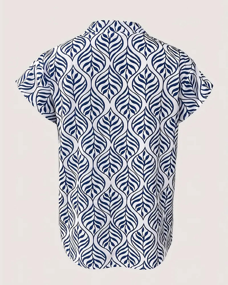 Stand Collar Leaf Print Short Sleeve Blouse
