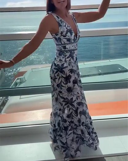 Vacation-Style Printed Deep V-Neck One-Piece Set