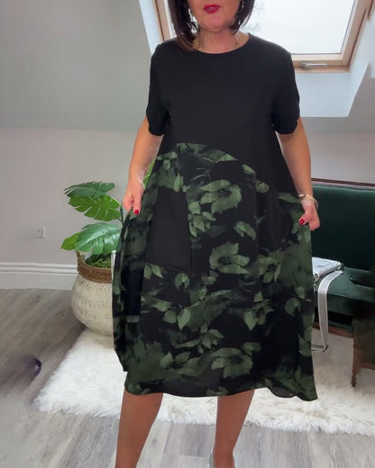 Casual round neck floral print patchwork dress