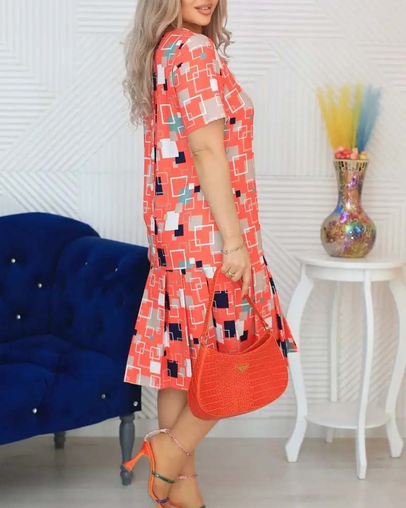 Casual square printed short-sleeve dress 202466 casual dresses spring summer