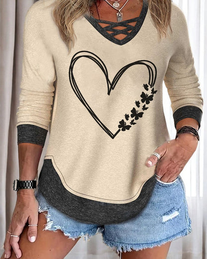 Casual heart print long sleeve top 2024 f/w blouses & shirts spring