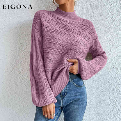 Cable-Knit Mock Neck Long Sleeve Sweater Light Mauve clothes M@F@Y Ship From Overseas