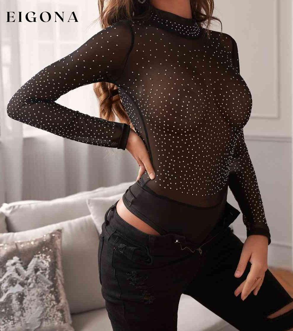 Rhinestone Mock Neck Long Sleeve Bodysuit Black clothes Ship From Overseas SYNZ
