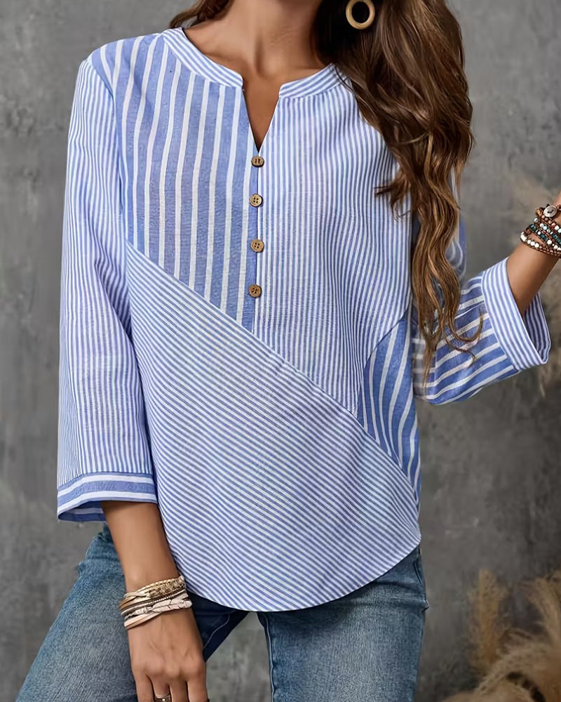 Button-Down V-Neck Striped Blouse