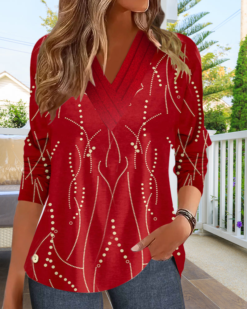 Casual V-neck printed long-sleeved T-shirt 2024 f/w blouses & shirts