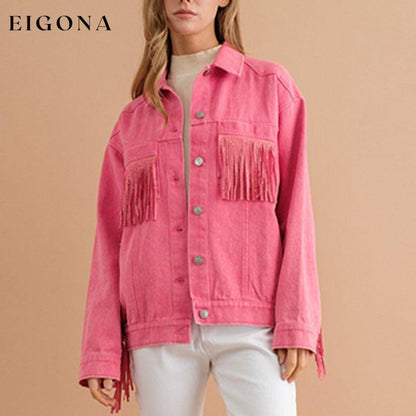 Fringe Detail Dropped Shoulder Denim Jacket clothes DE.O.Z.X Ship From Overseas Shipping Delay 09/29/2023 - 10/06/2023 trend