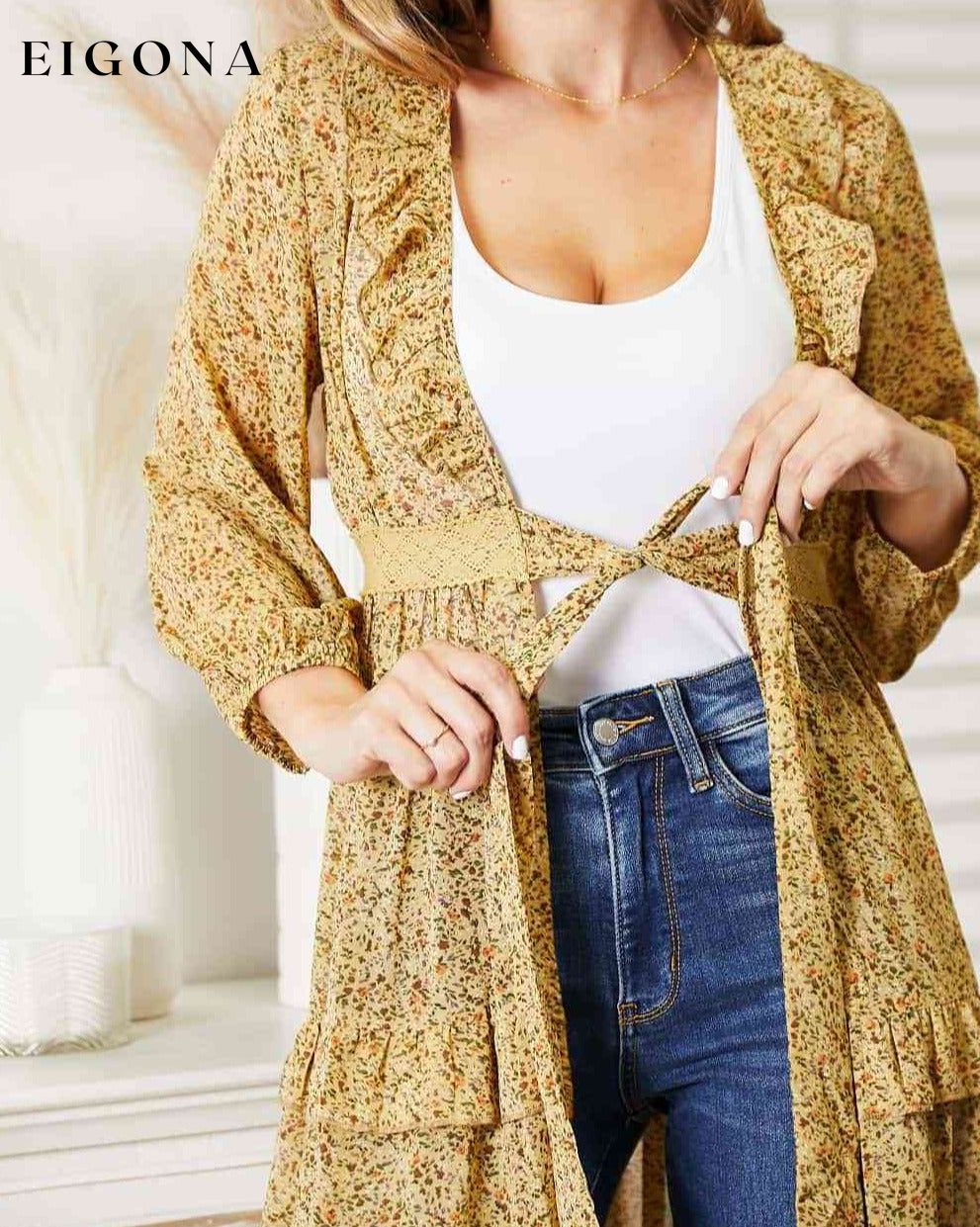 Full Size Tie Front Ruffled Duster Cardigan cardigan cardigans clothes HEYSON Ship from USA sweaters