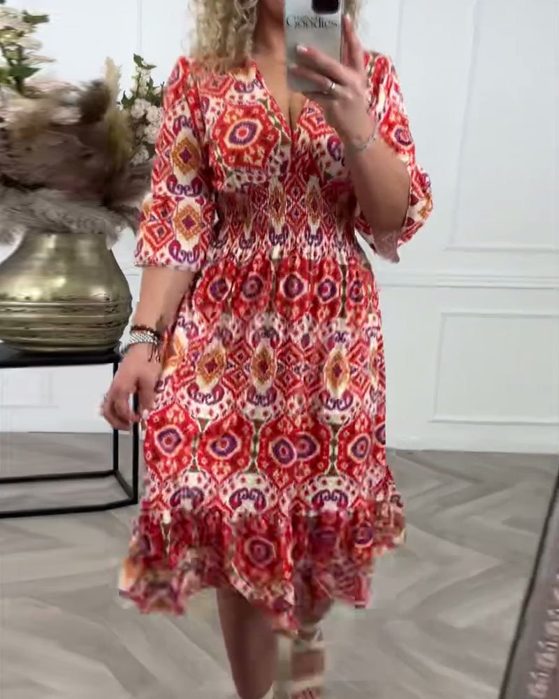 Deep V bell sleeve printed dress casual dresses spring summer vacation dresses