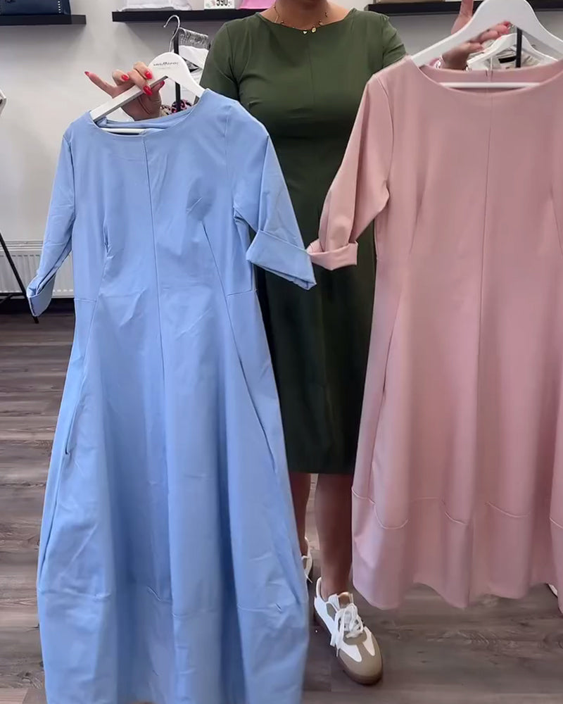 Round Neck Solid Color Waist Pocket Dress