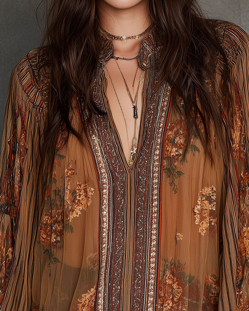 V-Neck Bohemian Style Floral Blouse