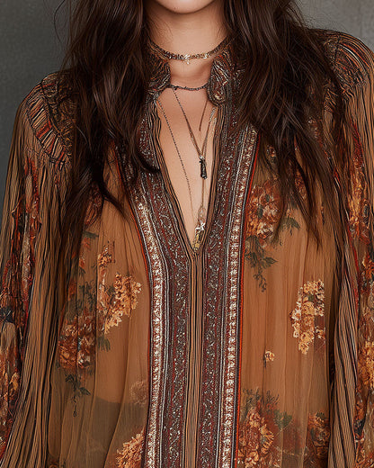 V-Neck Bohemian Style Floral Blouse