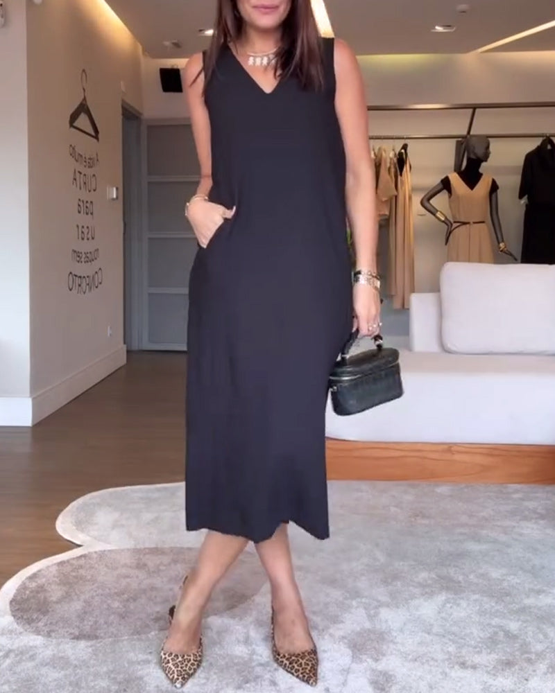 Lässiges, ärmelloses, einfarbiges, geteiltes Kleid mit V-Ausschnitt