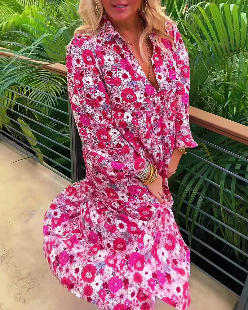 V-Neck Long-Sleeved Floral Print Dress