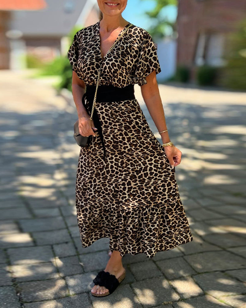 V-neck leopard print short-sleeved dress 202466 casual dresses summer