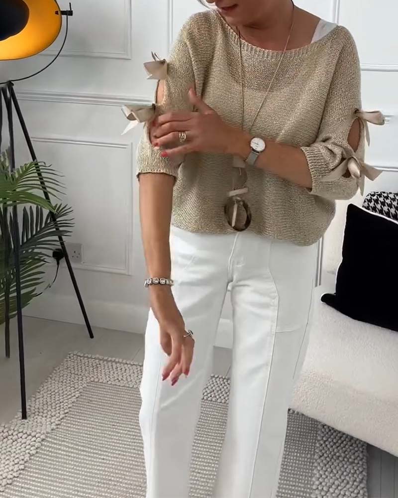 Elegant solid color round neck bow pullover