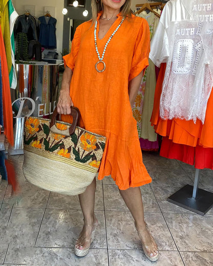 Lässiges A-Linien-Kleid mit kurzen Ärmeln und Revers