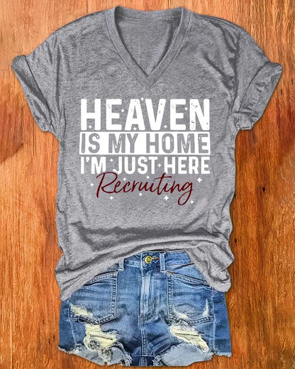 Casual Short Sleeve HEAVEN Print V Neck T-Shirt 2024 f/w faith & slogan spring summer t-shirts