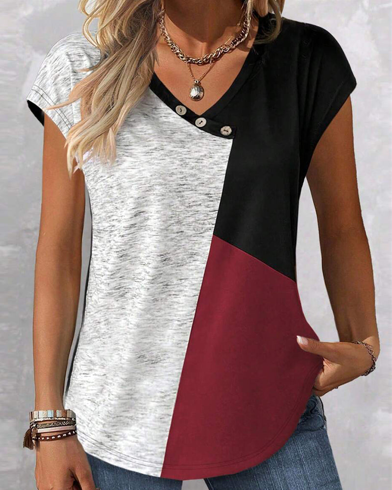 V-Neck Contrast Irregular T-Shirt