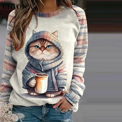 Casual Cat Print Sweatshirt Multicolor best Best Sellings clothes Plus Size Sale tops Topseller