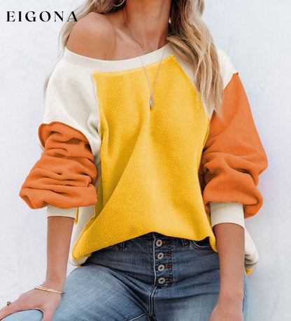 Orange Colorblock Long Sleeve Pullover Fleece Sweatshirt clothes Color Multicolor Color Orange Color Yellow Craft Patchwork EDM Monthly Recomend Fabric Fleece Hot picks Occasion Daily Print Color Block Season Winter Style Southern Belle