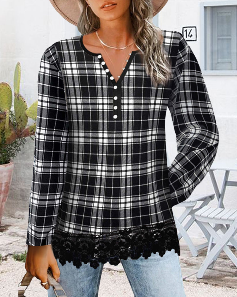 V-neck plaid lace panel long-sleeved top 2024 f/w blouses & shirts spring