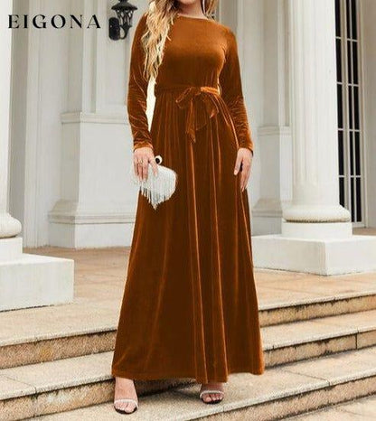 Tie Front Round Neck Long Sleeve Maxi Dress Caramel A@Y@Y clothes Ship From Overseas